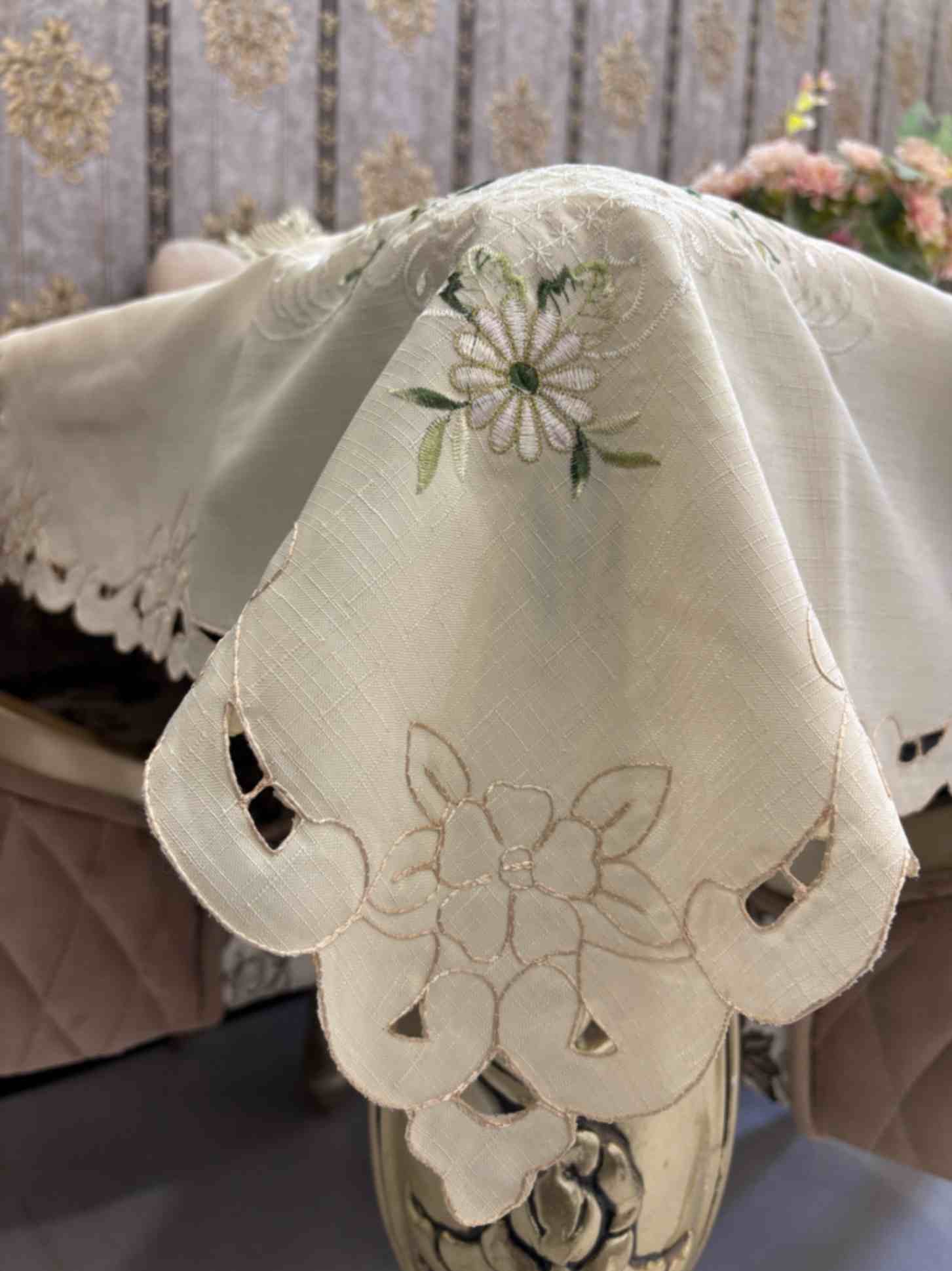 Floral Cream Embroidered Cutwork Table Cover Floral Cream Embroidered Cutwork Table Cover