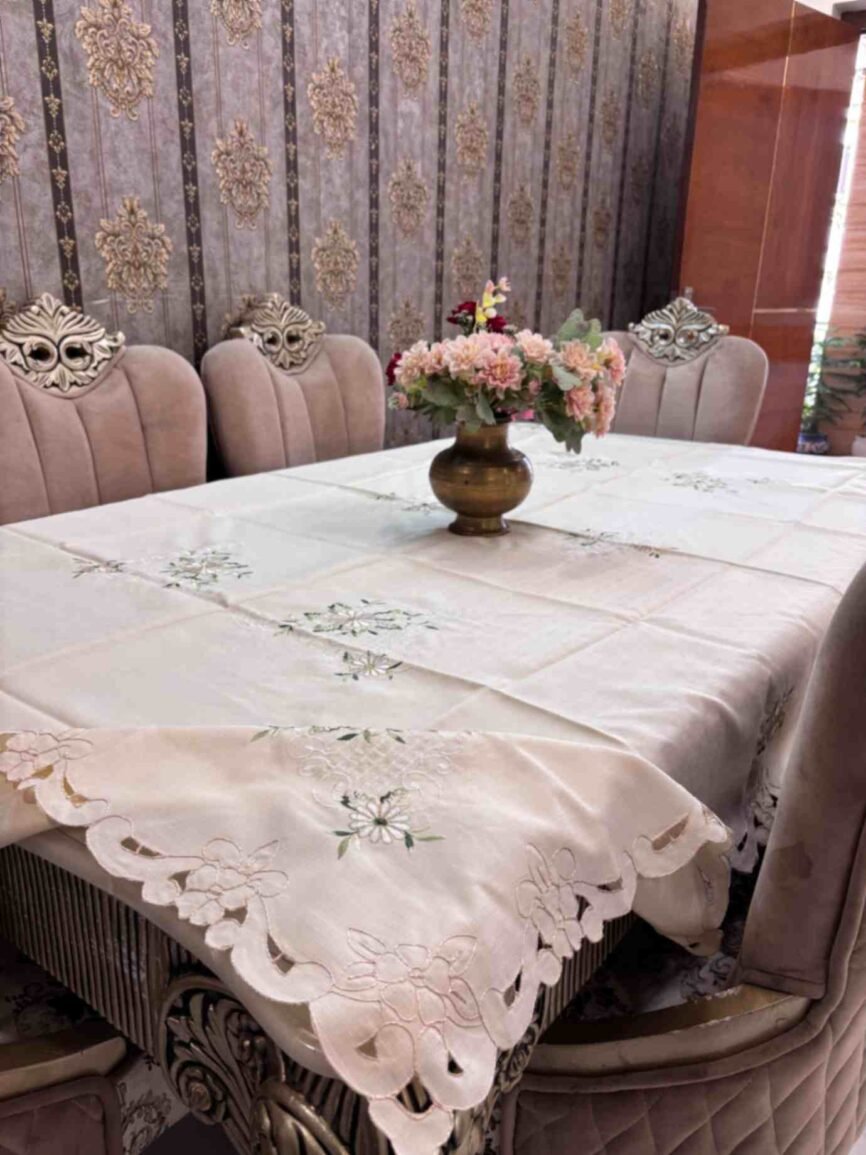 Floral Cream Embroidered Cutwork Table Cover