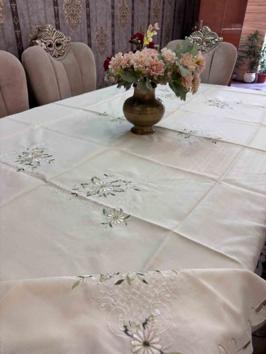 Floral Cream Embroidered Cutwork Table Cover