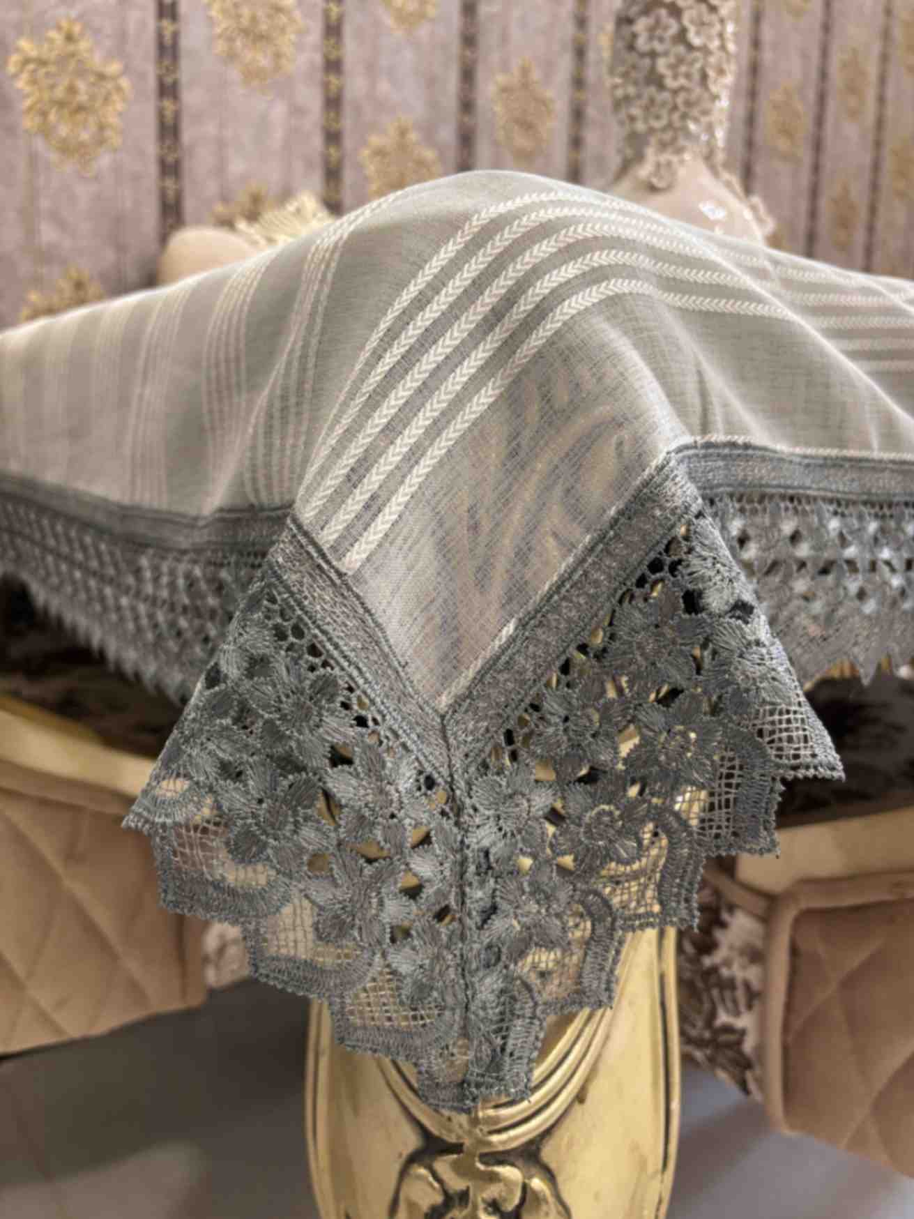Grey Striped Lace Border Table Cover Grey Striped Lace Border Table Cover