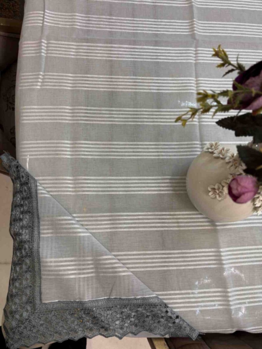 Grey Striped Lace Border Table Cover