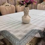 Grey Striped Lace Border Table Cover Grey Striped Lace Border Table Cover