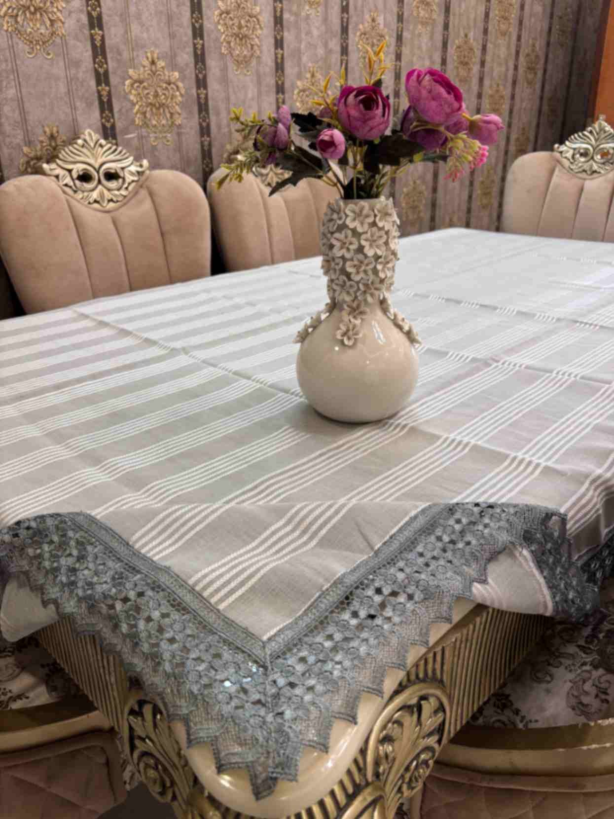 Grey Striped Lace Border Table Cover Grey Striped Lace Border Table Cover