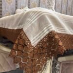 Beige Striped Table Cover with Rust Crochet Border Beige Striped Table Cover with Rust Crochet Border