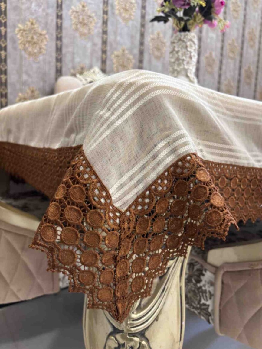 Beige Striped Table Cover with Rust Crochet Border