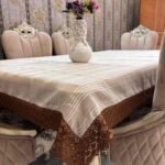 Beige Striped Table Cover with Rust Crochet Border Beige Striped Table Cover with Rust Crochet Border