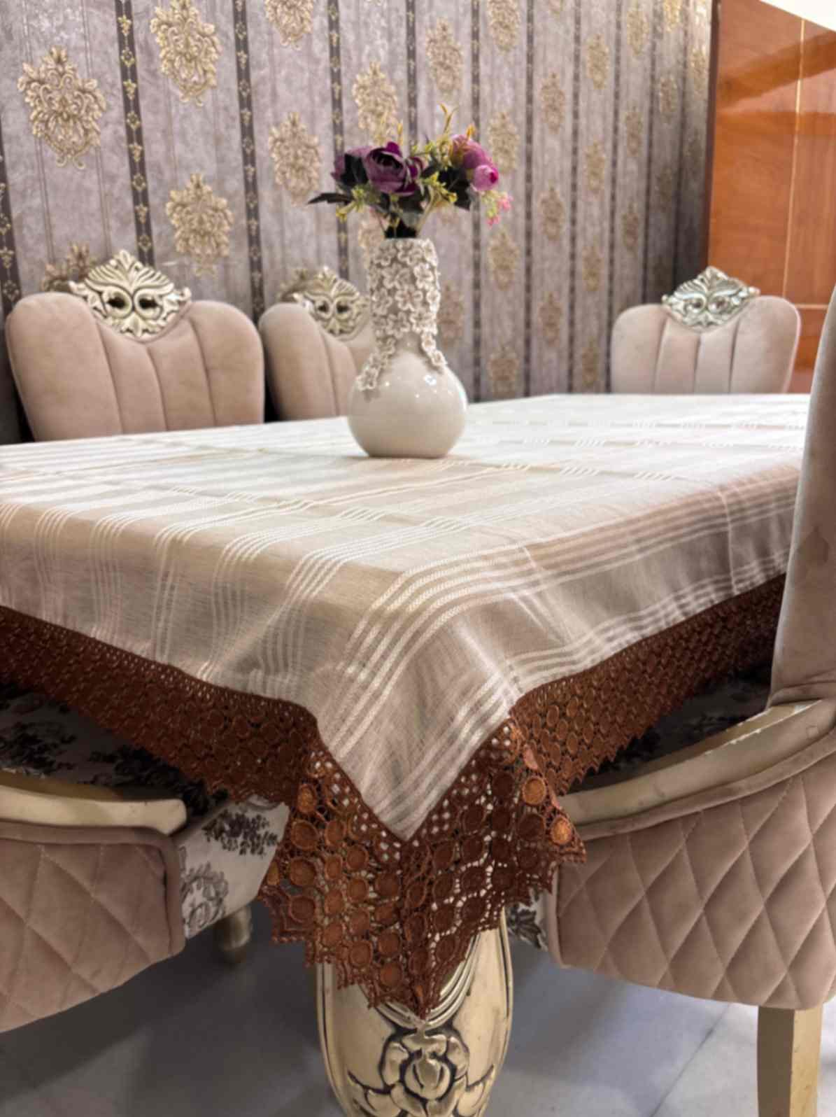Beige Striped Table Cover with Rust Crochet Border Beige Striped Table Cover with Rust Crochet Border