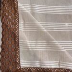 Beige Striped Table Cover with Rust Crochet Border Beige Striped Table Cover with Rust Crochet Border