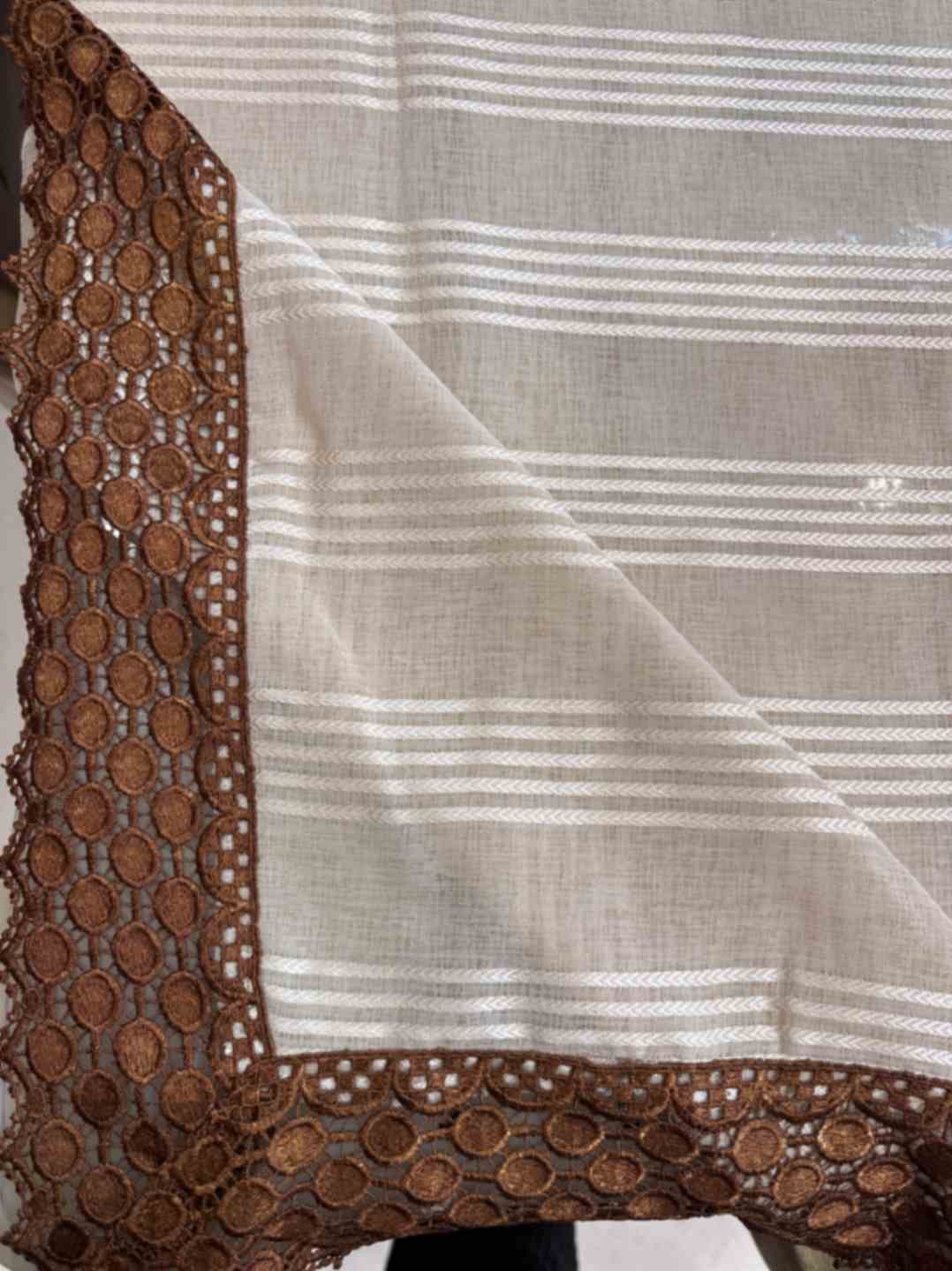 Beige Striped Table Cover with Rust Crochet Border Beige Striped Table Cover with Rust Crochet Border