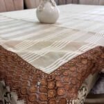 Beige Striped Table Cover with Rust Crochet Border Beige Striped Table Cover with Rust Crochet Border