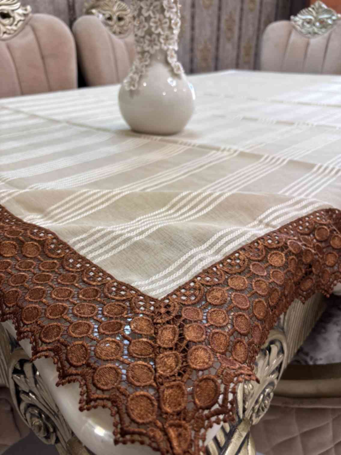 Beige Striped Table Cover with Rust Crochet Border Beige Striped Table Cover with Rust Crochet Border