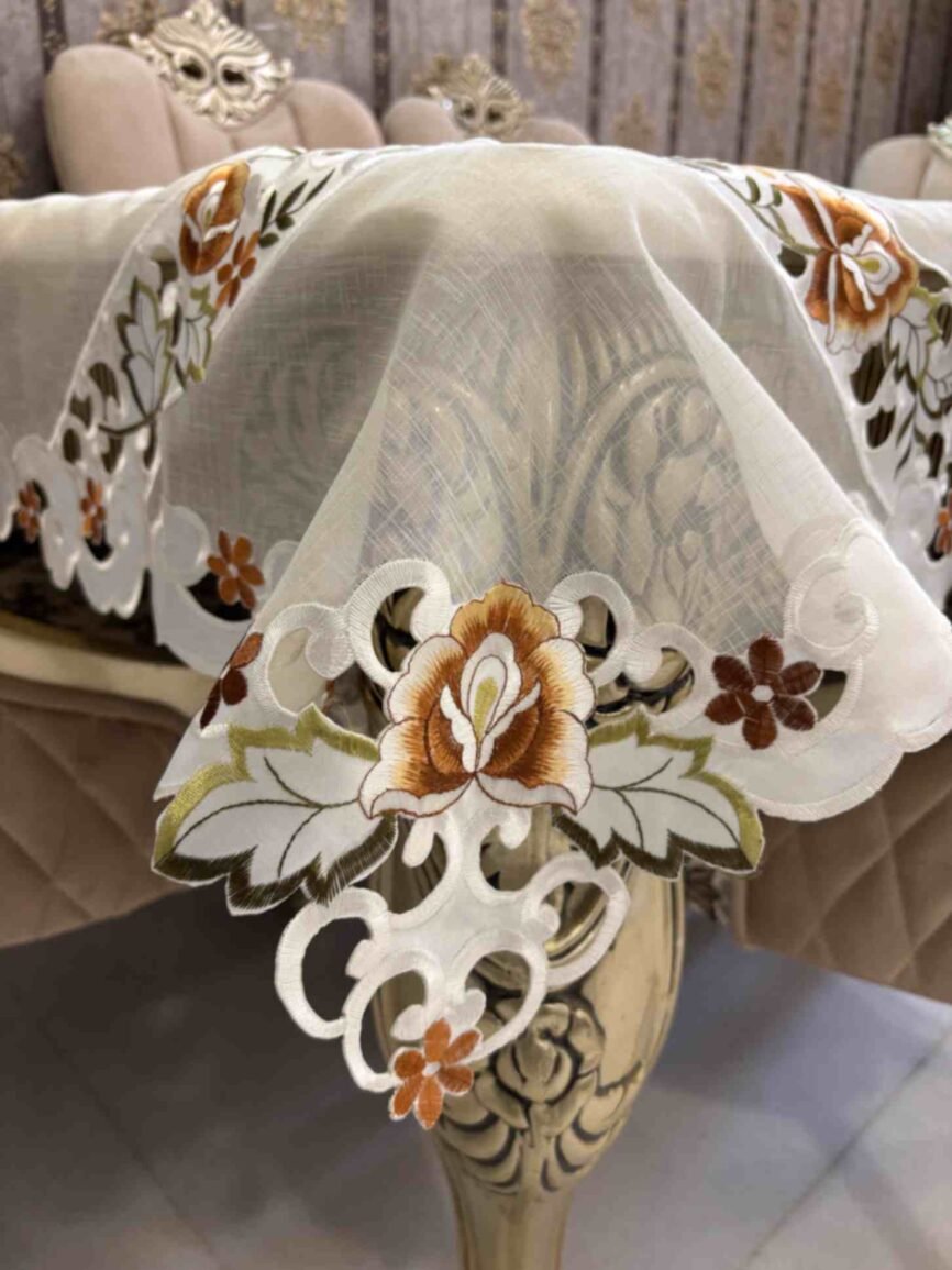 Cutwork Beige & Bronze Floral Embroidered Tablecloth