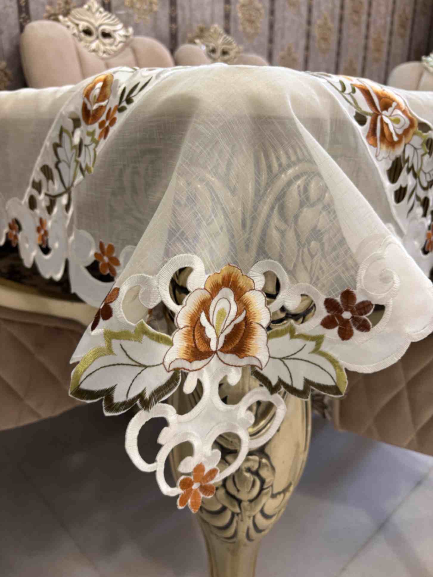 Cutwork Beige & Bronze Floral Embroidered Tablecloth Cutwork Beige & Bronze Floral Embroidered Tablecloth