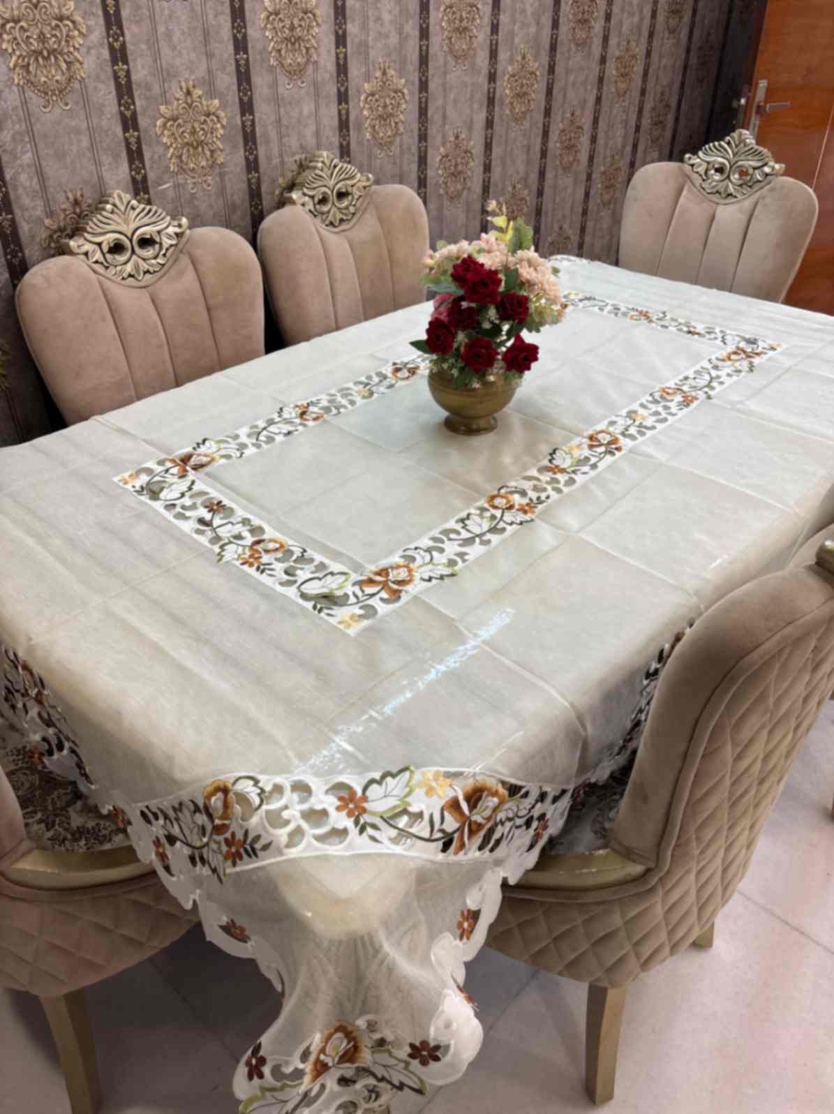 Cutwork Beige & Bronze Floral Embroidered Tablecloth Cutwork Beige & Bronze Floral Embroidered Tablecloth