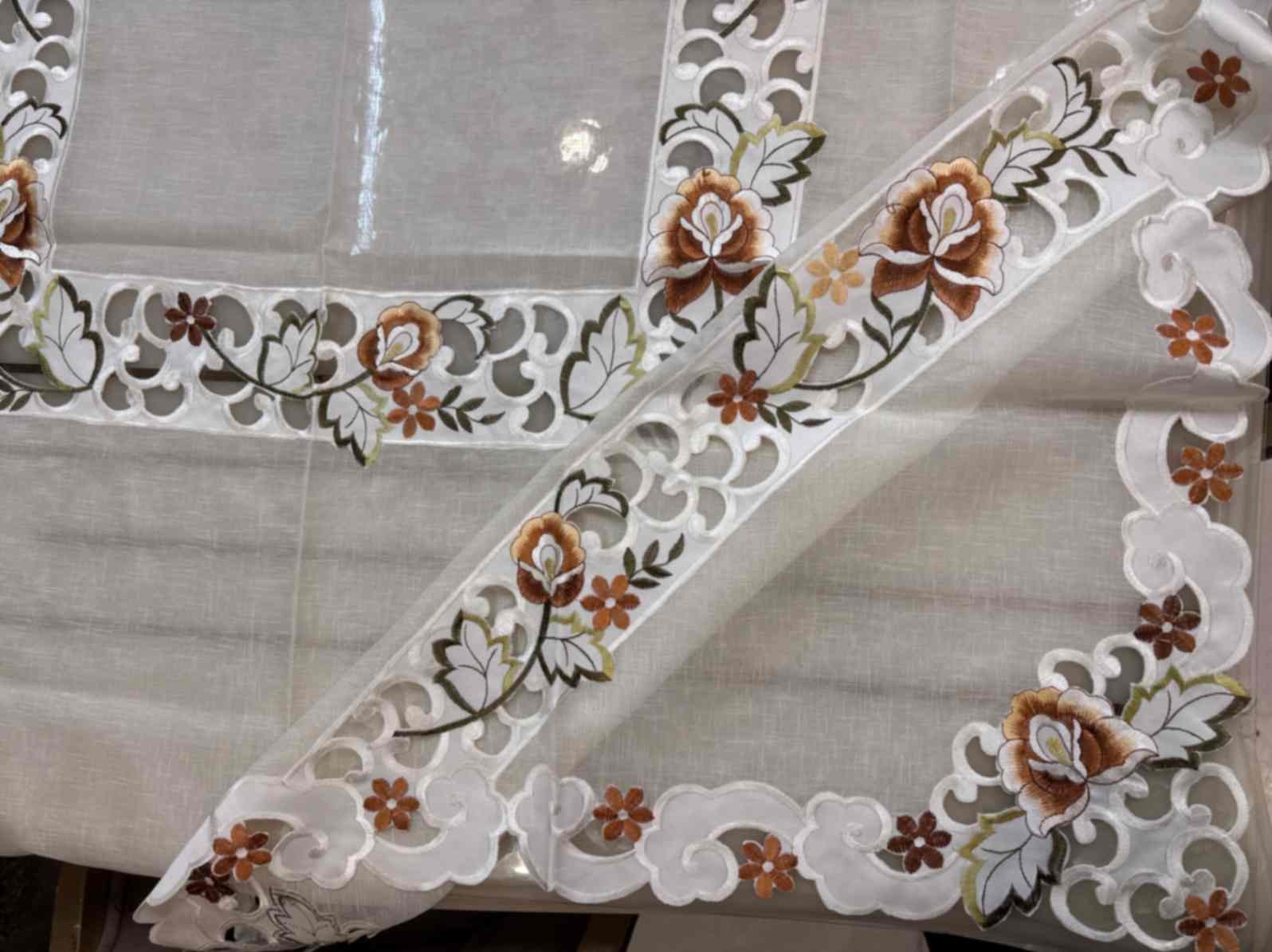 Cutwork Beige & Bronze Floral Embroidered Tablecloth Cutwork Beige & Bronze Floral Embroidered Tablecloth