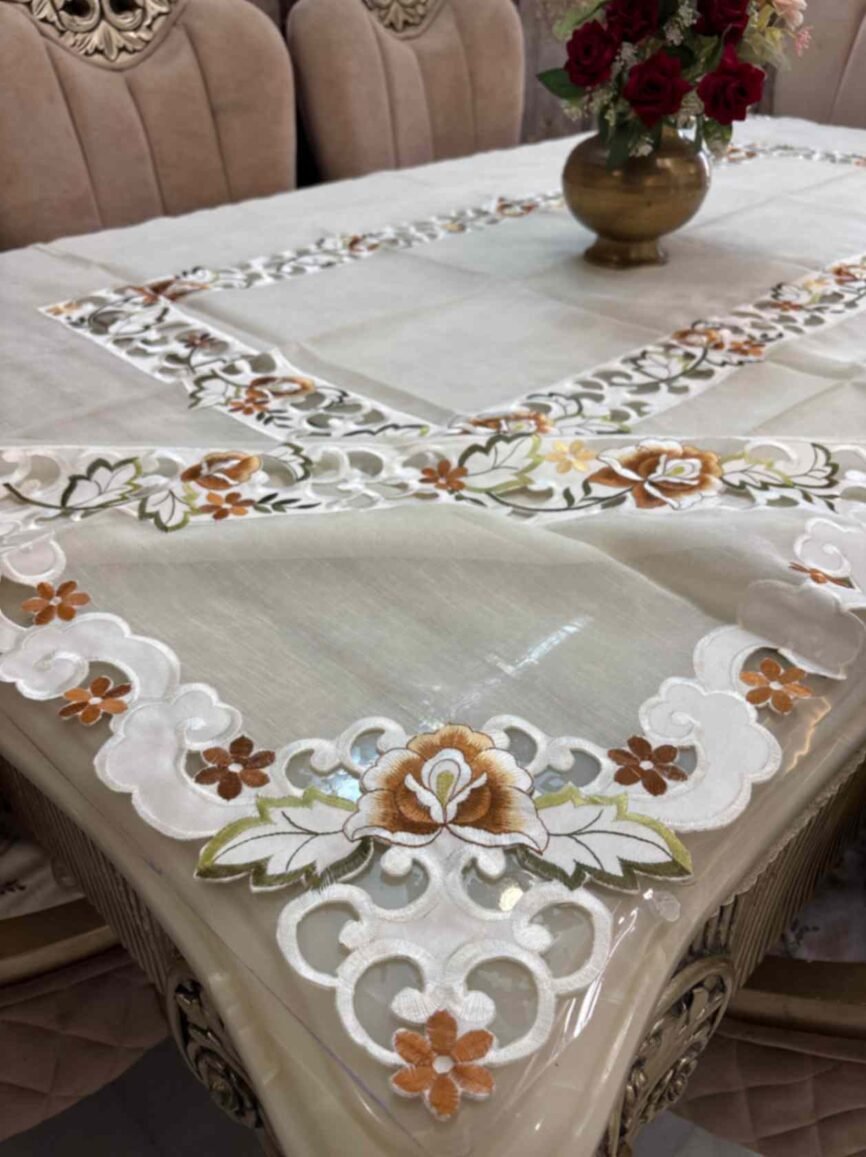 Cutwork Beige & Bronze Floral Embroidered Tablecloth