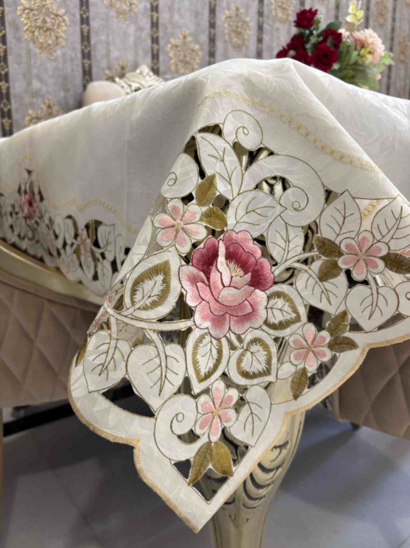 Embroidered Cutwork Tablecloth – Rose Design Beige