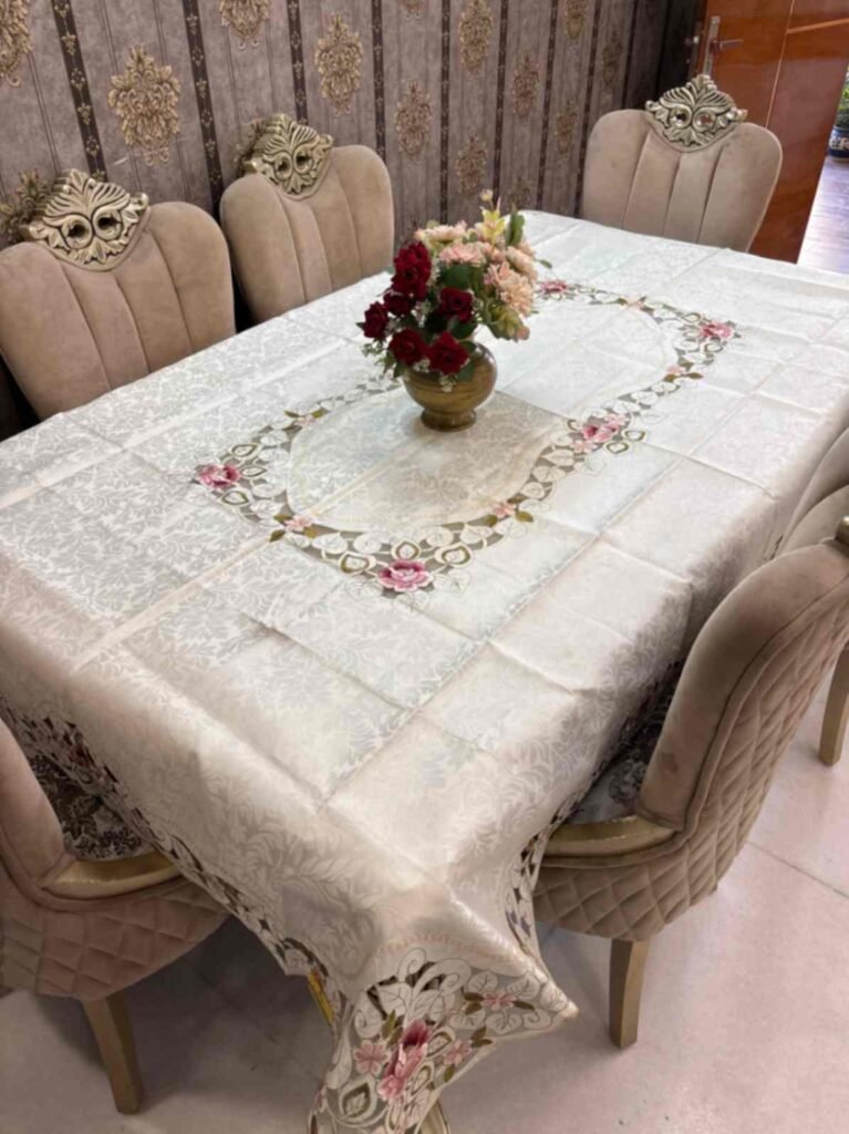 Embroidered Cutwork Tablecloth – Rose Design Beige