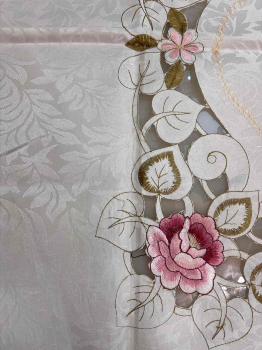Embroidered Cutwork Tablecloth – Rose Design Beige