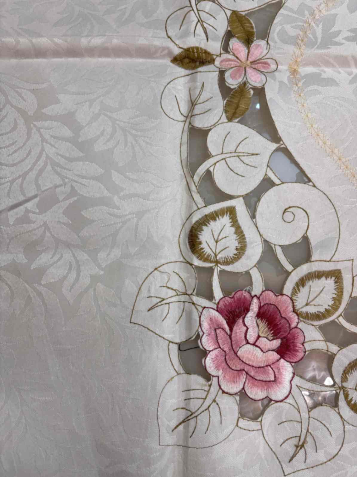 Embroidered Cutwork Tablecloth – Rose Design Beige