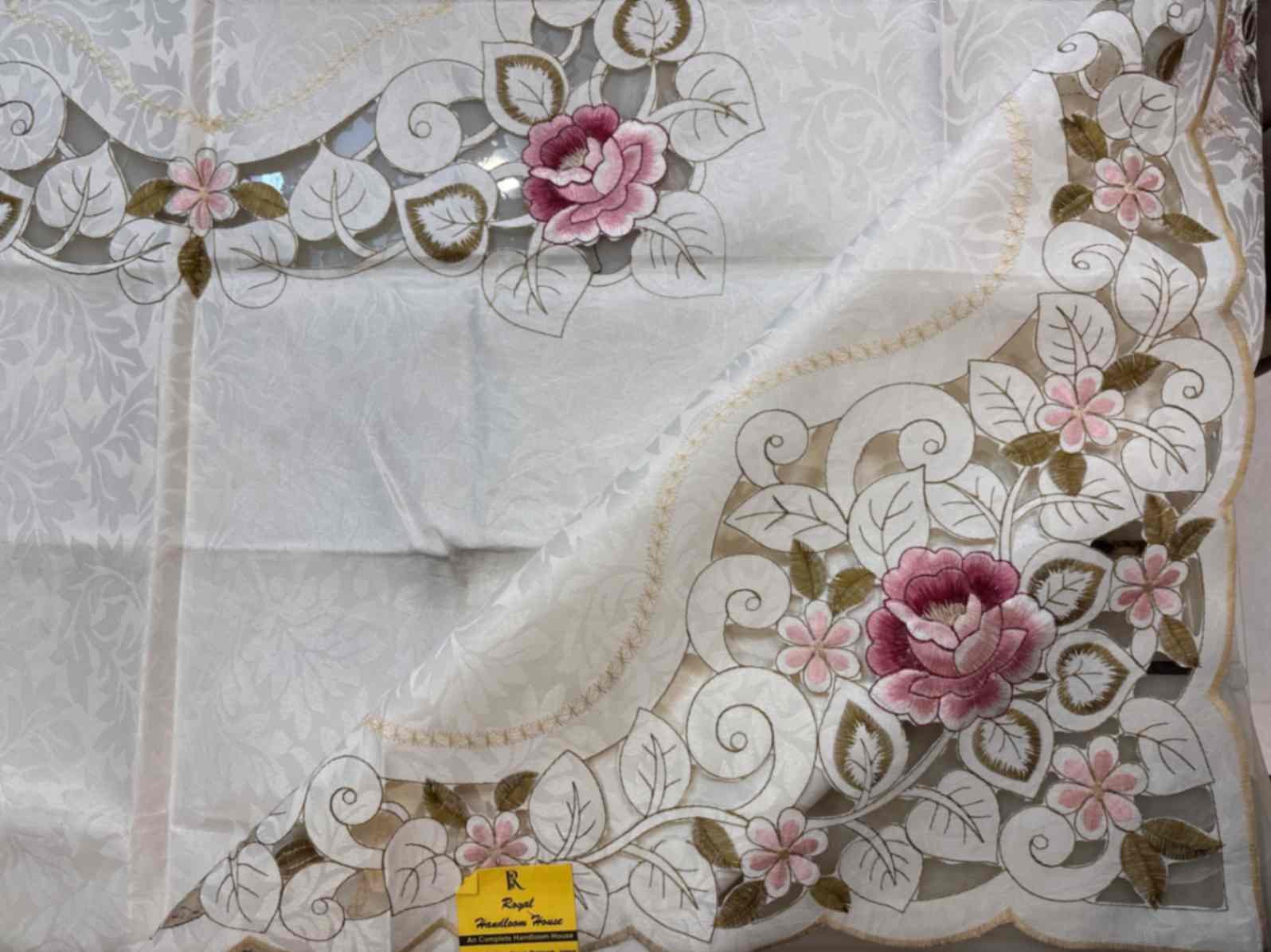 Embroidered Cutwork Tablecloth – Rose Design Beige