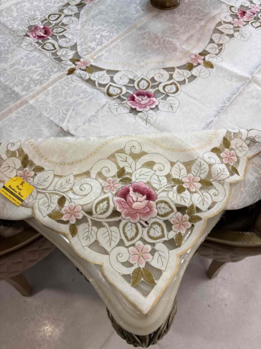 Embroidered Cutwork Tablecloth – Rose Design Beige