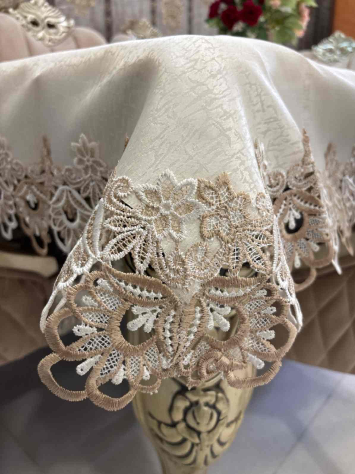 Luxury Lace Embroidered Tablecloth – Beige Gold Luxury Lace Embroidered Tablecloth – Beige Gold