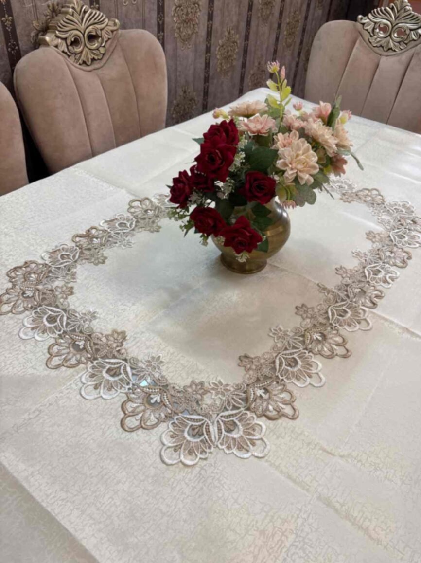 Luxury Lace Embroidered Tablecloth – Beige Gold