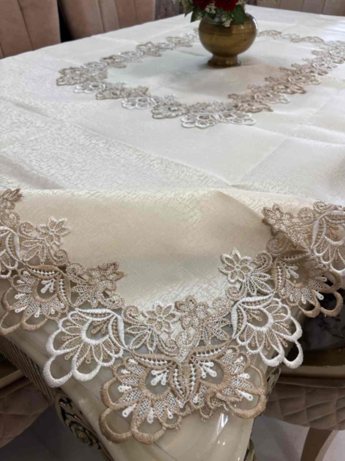 Luxury Lace Embroidered Tablecloth – Beige Gold Luxury Lace Embroidered Tablecloth – Beige Gold