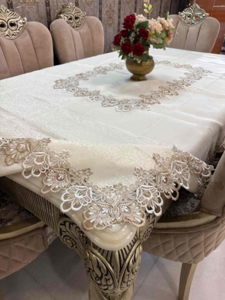 Luxury Lace Embroidered Tablecloth – Beige Gold