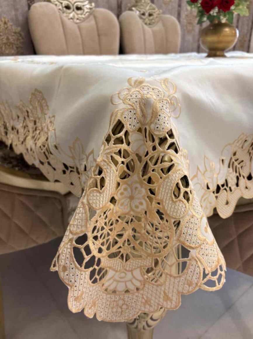 Beige with Cutwork Lace Classic Embroidered Tablecloth
