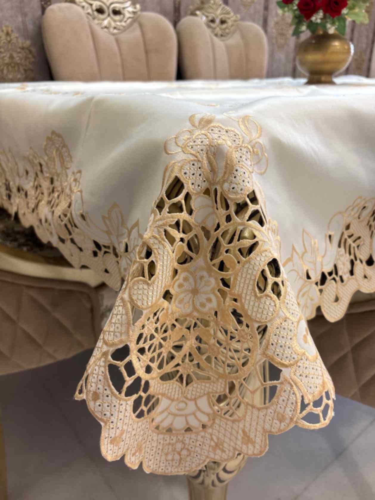 Beige with Cutwork Lace Classic Embroidered Tablecloth Beige with Cutwork Lace Classic Embroidered Tablecloth