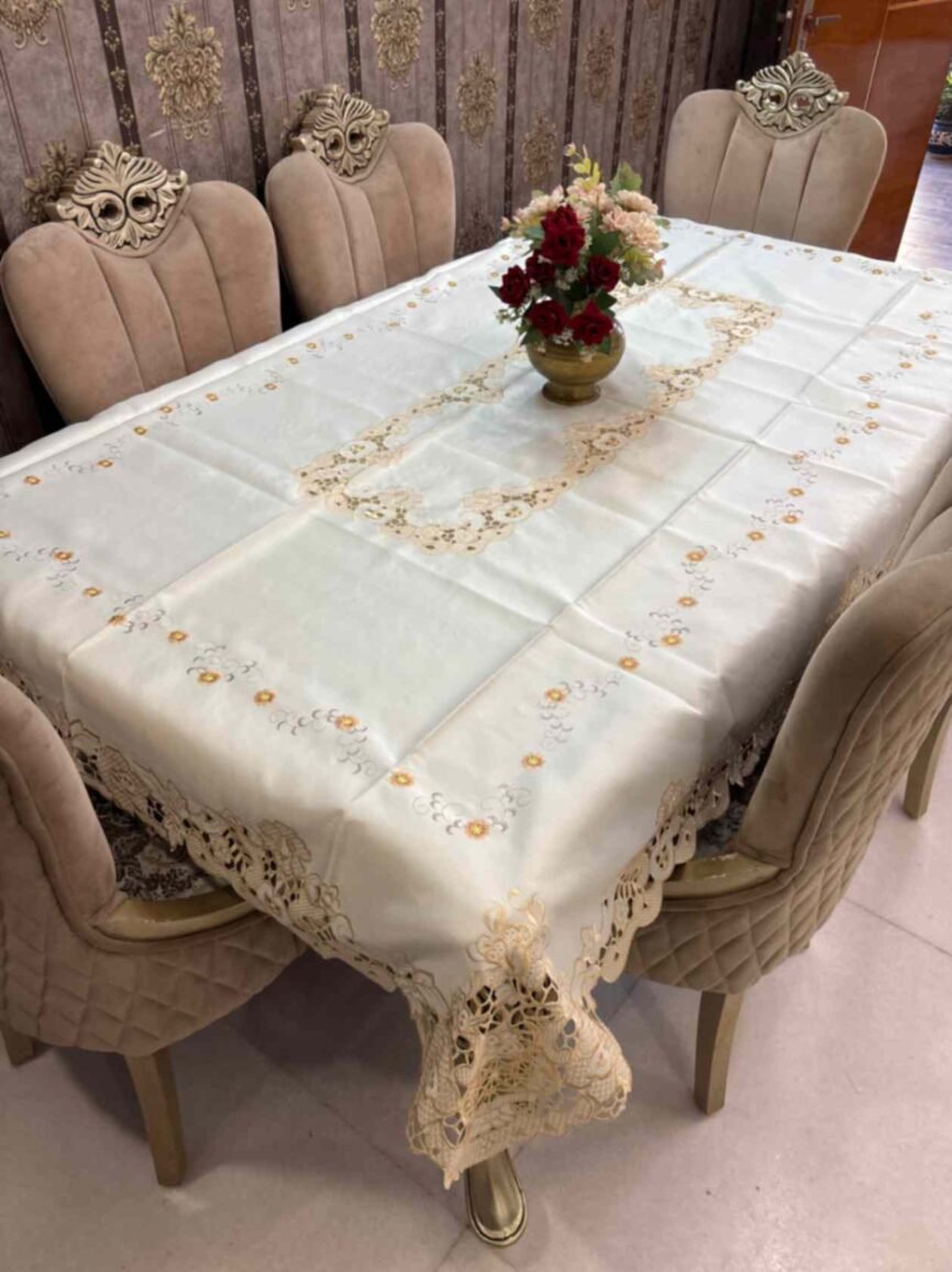 Beige with Cutwork Lace Classic Embroidered Tablecloth