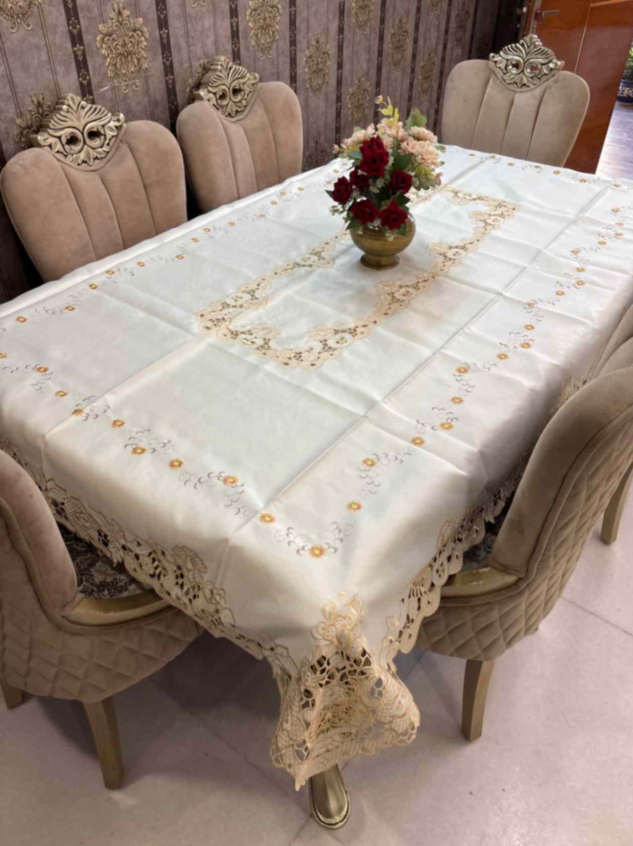 Beige with Cutwork Lace Classic Embroidered Tablecloth Beige with Cutwork Lace Classic Embroidered Tablecloth