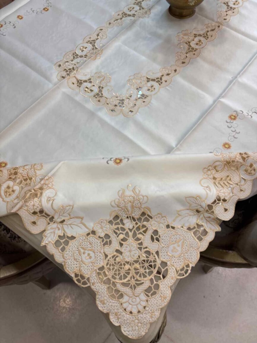Beige with Cutwork Lace Classic Embroidered Tablecloth