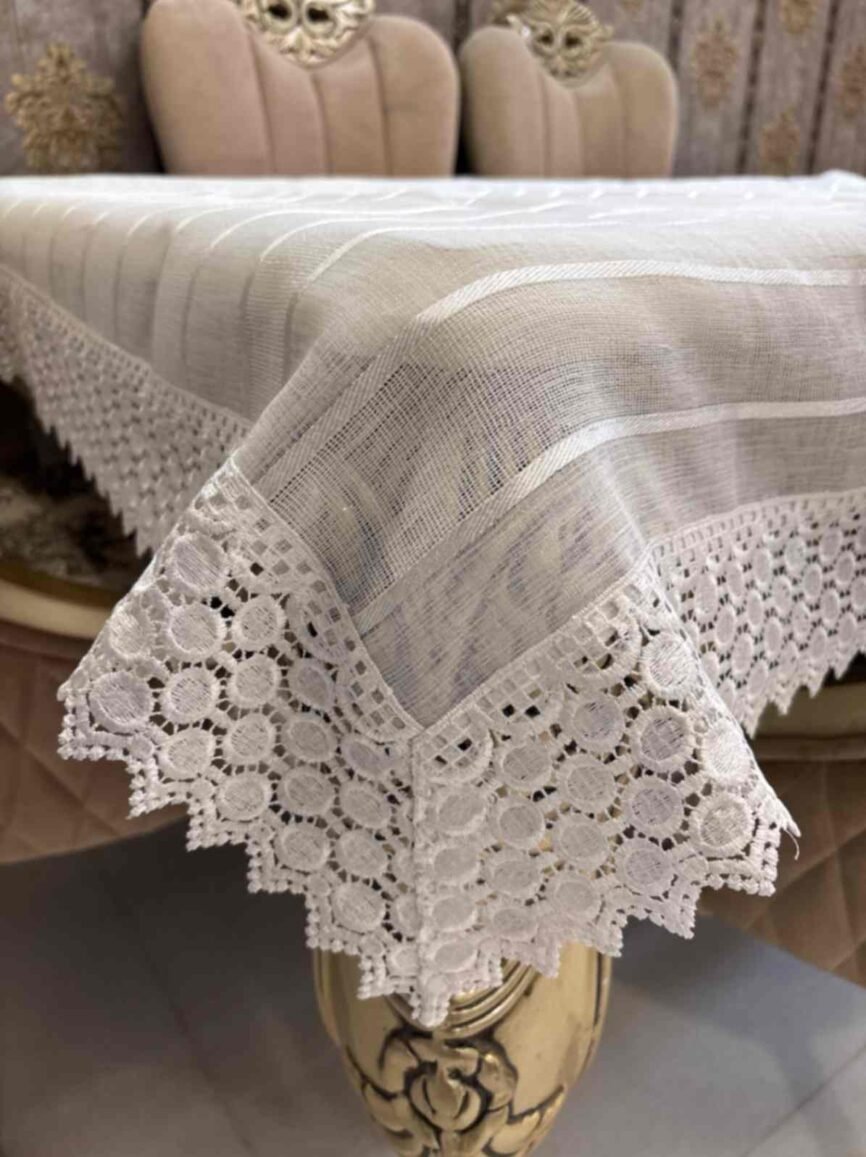 Striped Lace Border Tablecloth – White Beige