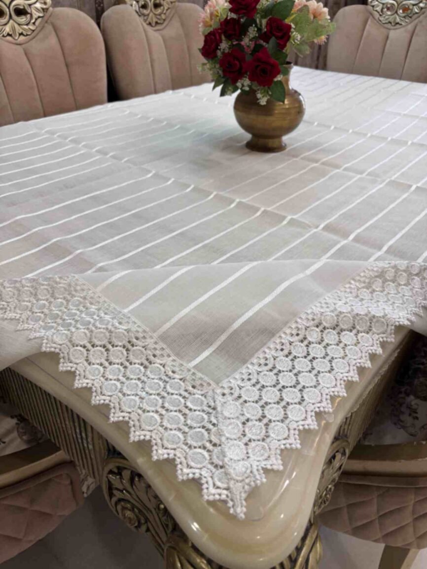 Striped Lace Border Tablecloth – White Beige