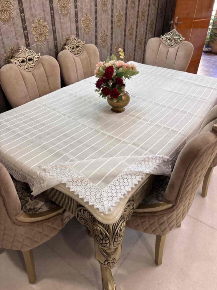 Striped Lace Border Tablecloth – White Beige