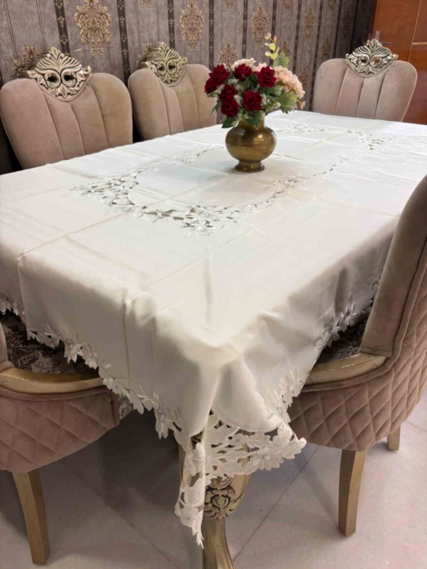 Elegant White Embroidered Table Cover