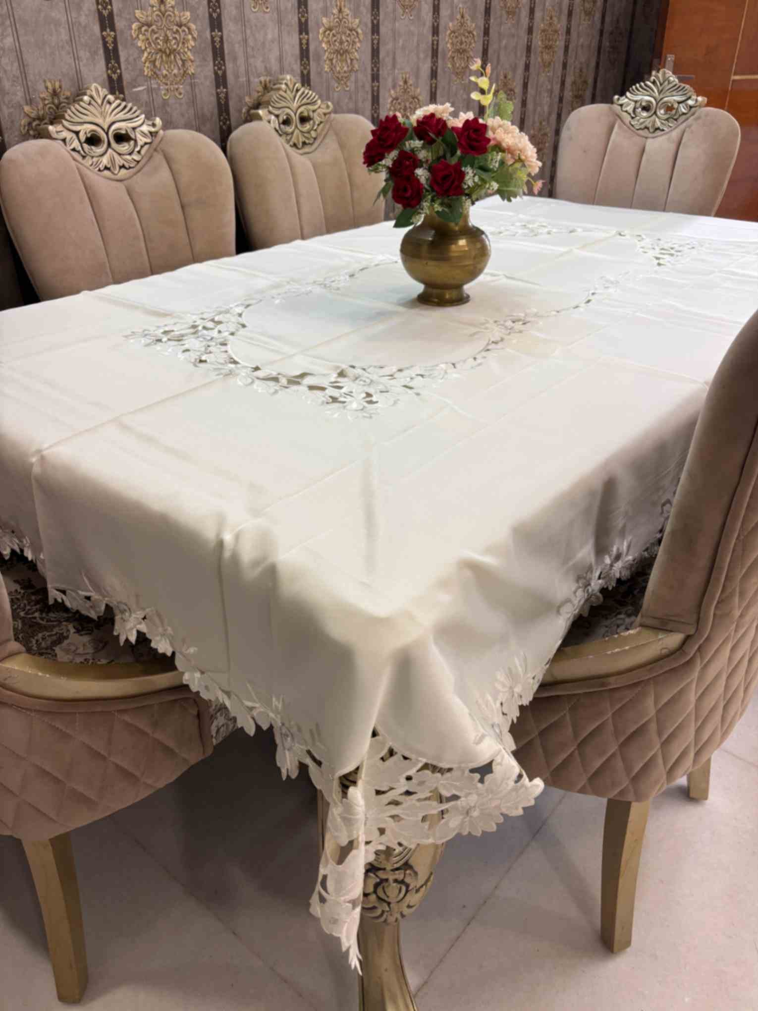 Elegant White Embroidered Table Cover