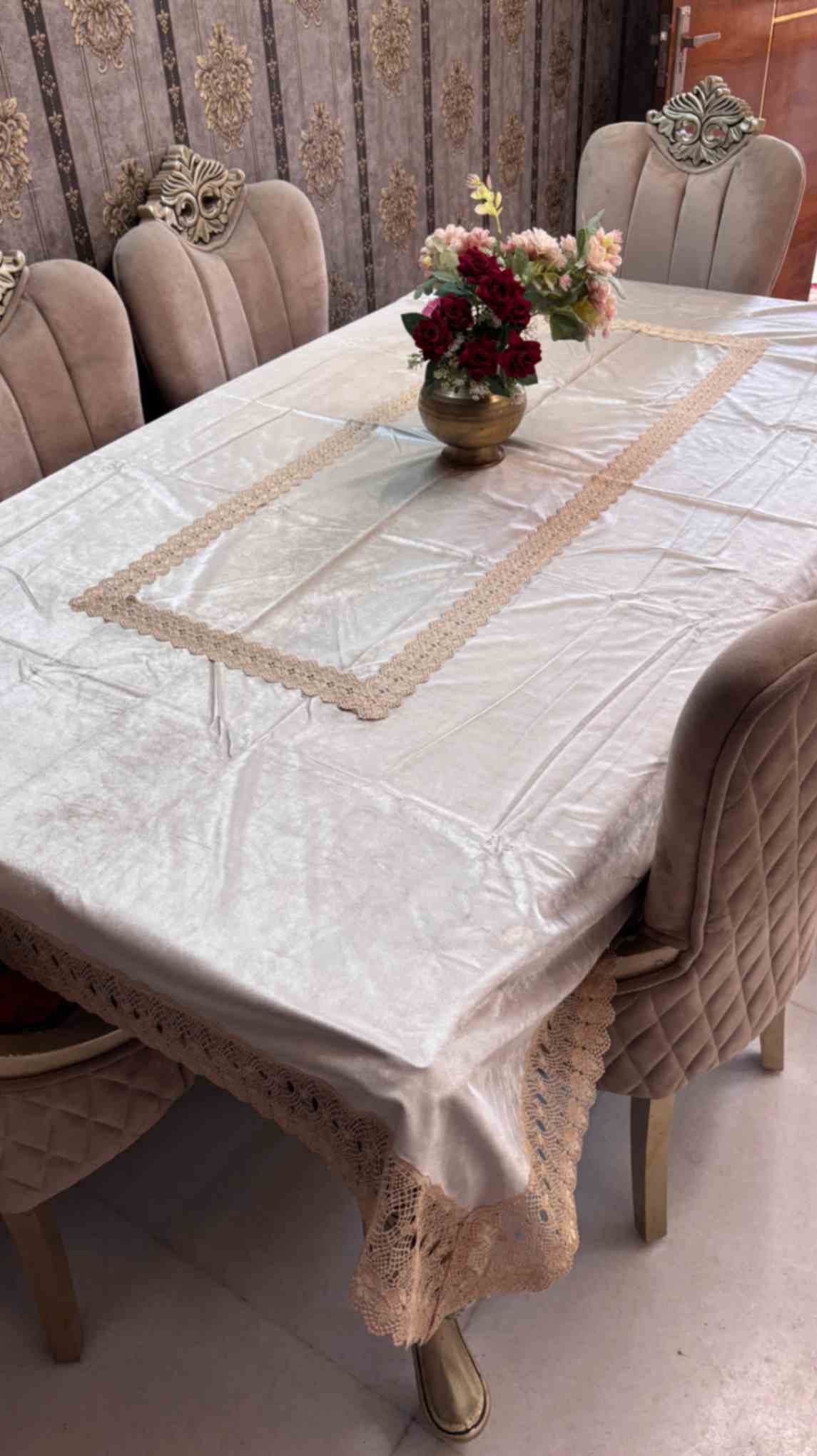 Velvet Finish Table Cover with Lace Border Velvet Finish Table Cover with Lace Border