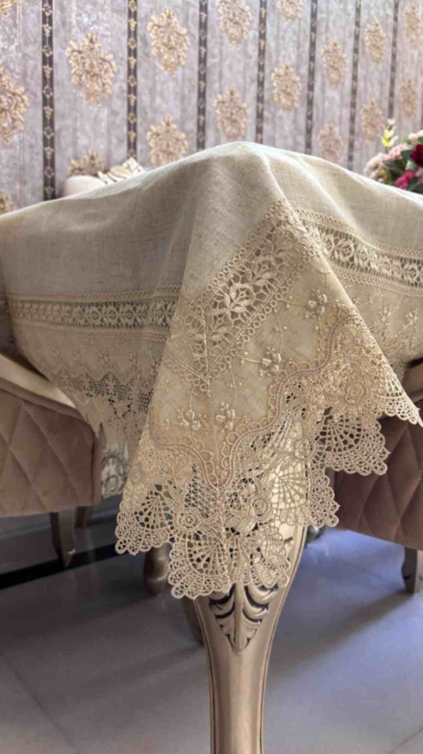 Velvet Finish Table Cover with Lace Border