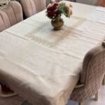 Embroidered Beige Tablecloth with White Detailing