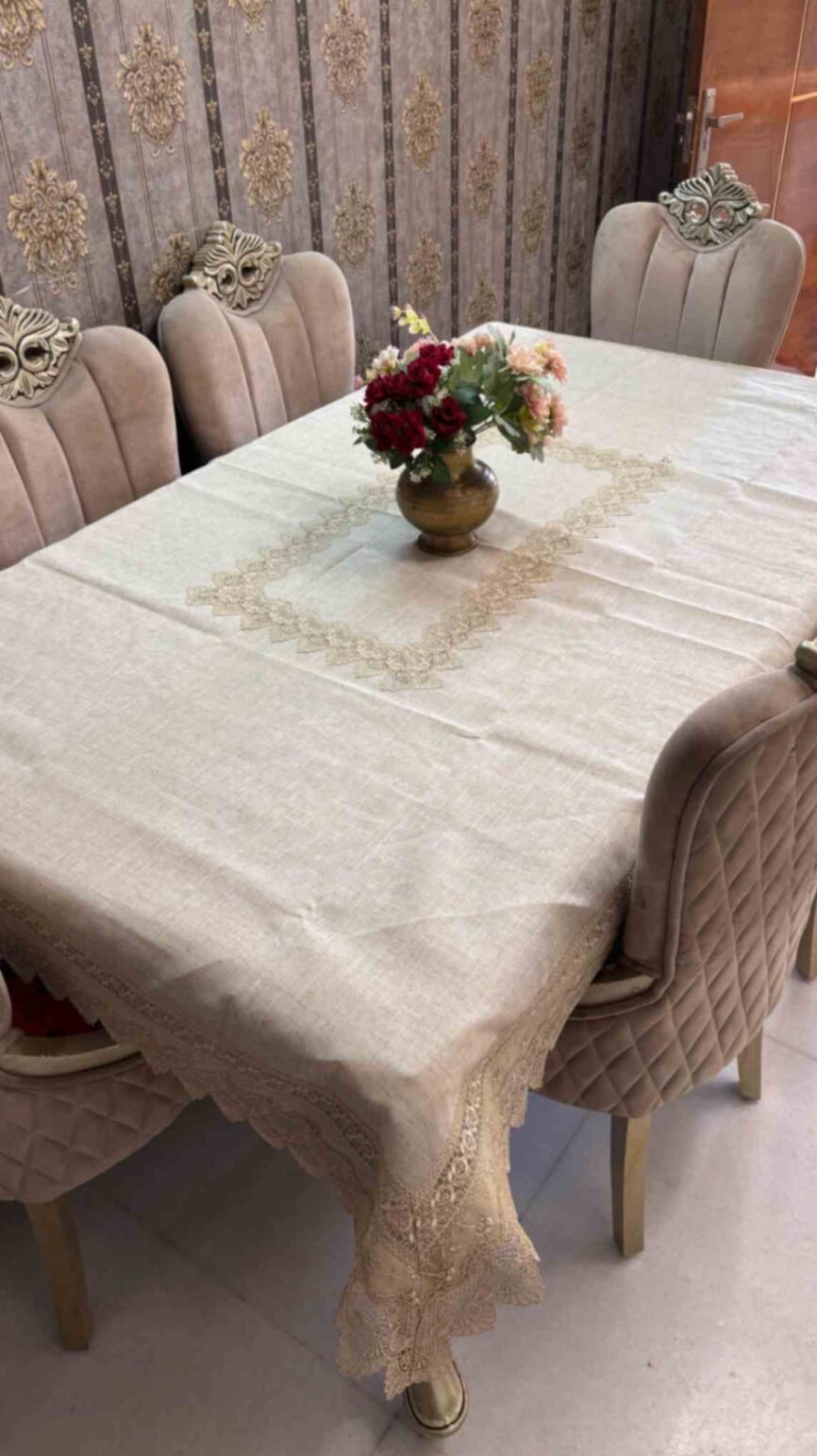 Embroidered Beige Tablecloth with White Detailing