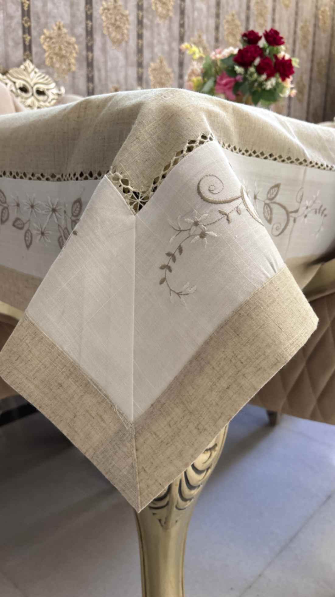 Embroidered Beige Tablecloth with White Detailing