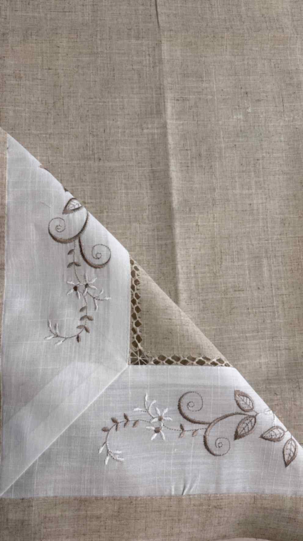 Embroidered Beige Tablecloth with White Detailing