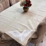 Embroidered Beige Tablecloth with White Detailing