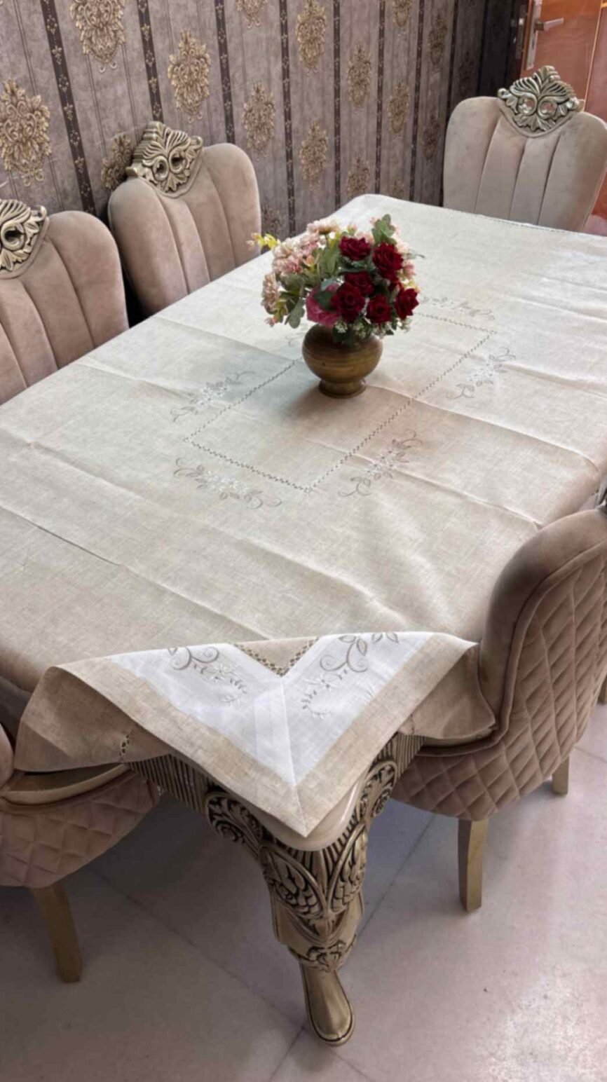 Embroidered Beige Tablecloth with White Detailing