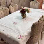 White Floral Embroidered Tablecloth with Lace Edges White Floral Embroidered Tablecloth with Lace Edges