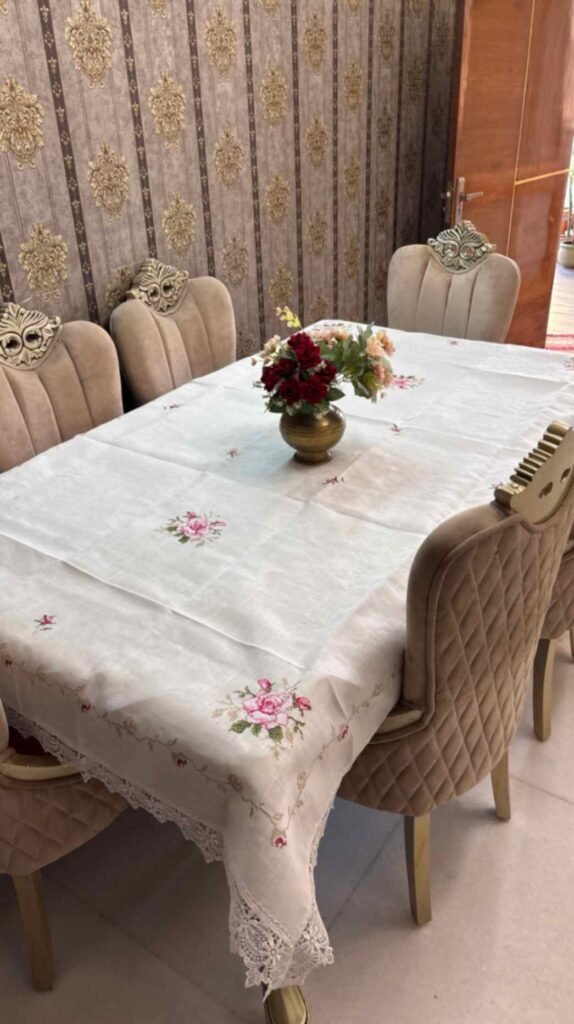 White Floral Embroidered Tablecloth with Lace Edges